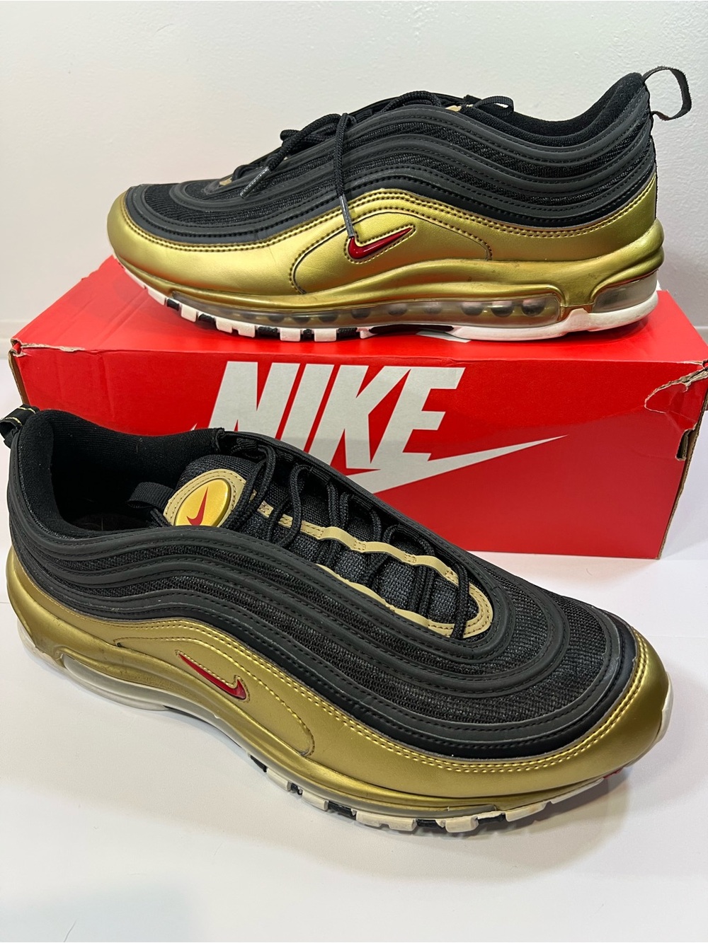 Nike Men's Air Max 97 Sneakers - Black, Gold & Red Swoosh